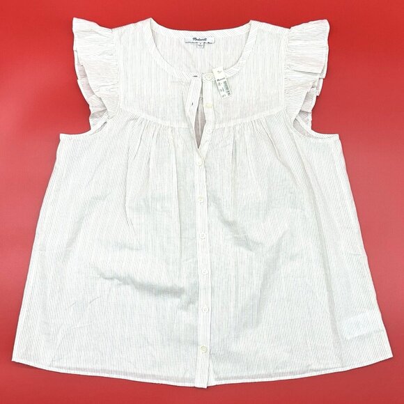 Madewell Ruffle-Sleeve Bib Top Metallic Lurex Stripe Size Small Button Up Blouse - Picture 2 of 10